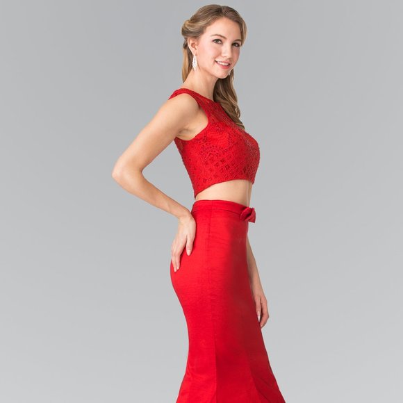 NEW LONG SLEEVELESS TWO PIECES DRESS EMBROIDERED WITH RHINESTONES & LACE GL2354